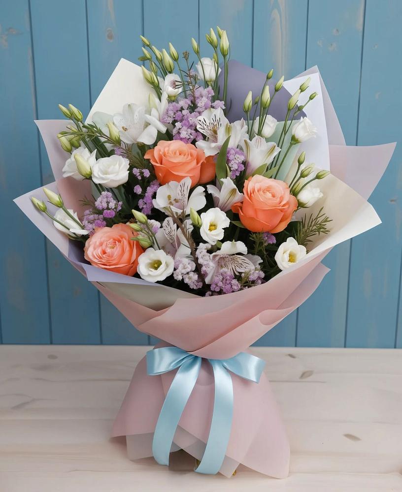 Букет цветов из: Лизиантусы, Розы, Альстромерии и Гипсофила в Базарные Матаки