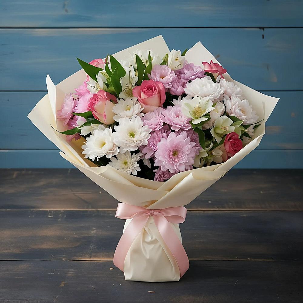 Букет цветов из: Хризантемы, Альстромерии и Розы в Базарные Матаки